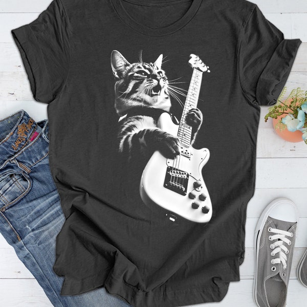 Rock Cat Playing Guitar Shirt: A Funny Guitar Cat T-Shirt Perfect for Cat Lovers and Rock Lovers Alike