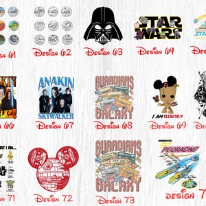 May include: A collage of 14 different designs featuring popular characters and themes from Star Wars, Disney, and Guardians of the Galaxy. The designs are arranged in a grid pattern and include images of Darth Vader, Yoda, Baby Yoda, and more.
