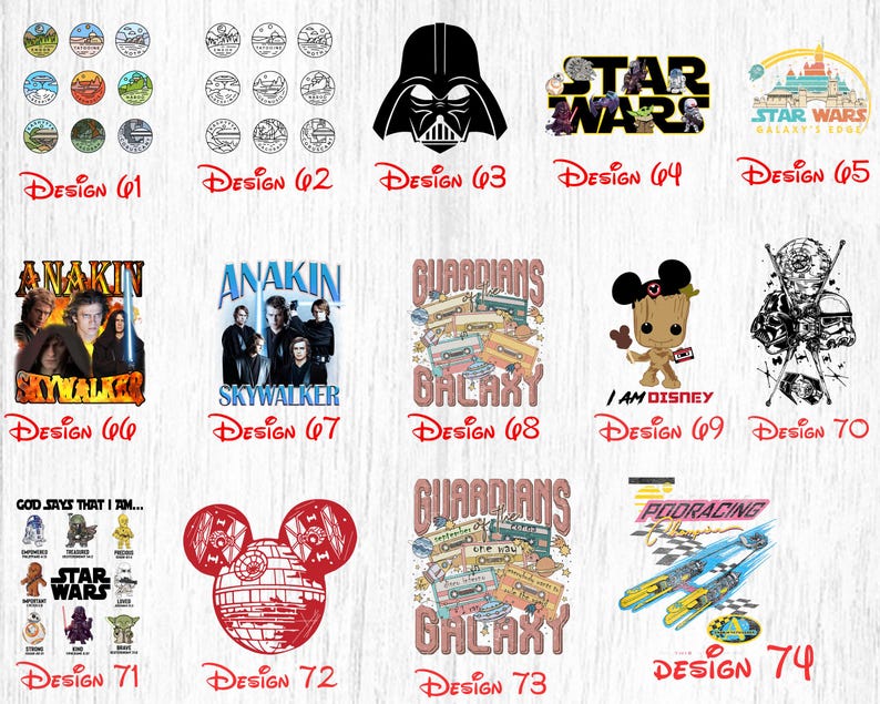 May include: A collage of 14 different designs featuring popular characters and themes from Star Wars, Disney, and Guardians of the Galaxy. The designs are arranged in a grid pattern and include images of Darth Vader, Yoda, Baby Yoda, and more.
