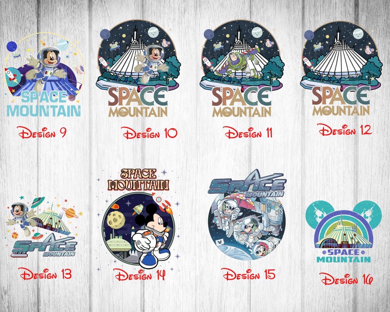 K&ouml;nnte beinhalten: Eine Sammlung von 16 verschiedenen Designs f&uuml;r Space Mountain, eine beliebte Fahrt in den Disney-Themenparks. Die Designs zeigen Mickey Mouse, Buzz Lightyear und andere Disney-Charaktere. Die Designs sind in verschiedenen Farben und Stilen gehalten und w&auml;ren perfekt f&uuml;r einen Disney-Fan.