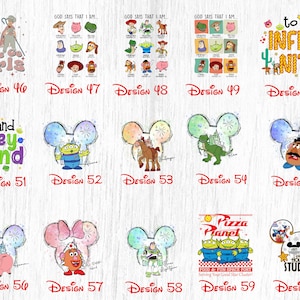 May include: A digital collage of 10 different designs featuring characters from the Toy Story movie franchise. The designs include a variety of characters, including Woody, Buzz Lightyear, Jessie, and Mr. Potato Head. The designs are all in a watercolor style and are perfect for use on t-shirts, mugs, tote bags, and other merchandise.