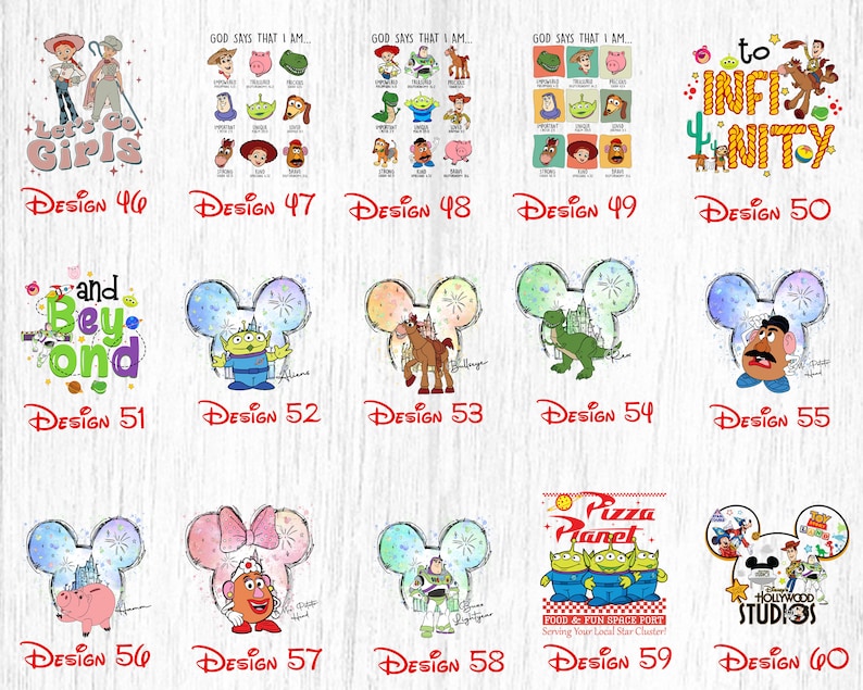 May include: A digital collage of 10 different designs featuring characters from the Toy Story movie franchise. The designs include a variety of characters, including Woody, Buzz Lightyear, Jessie, and Mr. Potato Head. The designs are all in a watercolor style and are perfect for use on t-shirts, mugs, tote bags, and other merchandise.