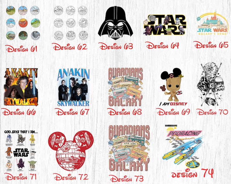 Peut inclure: Un collage de 14 designs diff&eacute;rents mettant en sc&egrave;ne des personnages et des th&egrave;mes populaires de Star Wars, Disney et Les Gardiens de la Galaxie. Les designs sont dispos&eacute;s en grille et comprennent des images de Dark Vador, Yoda, Baby Yoda, et plus encore.