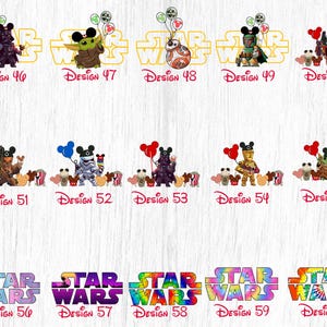 May include: Ten different designs for Star Wars themed iron-on transfers. Each design features a different Star Wars character with Mickey Mouse ears and balloons. The designs are numbered 46 through 60.