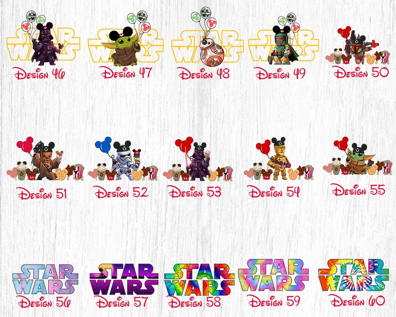 May include: Ten different designs for Star Wars themed iron-on transfers. Each design features a different Star Wars character with Mickey Mouse ears and balloons. The designs are numbered 46 through 60.