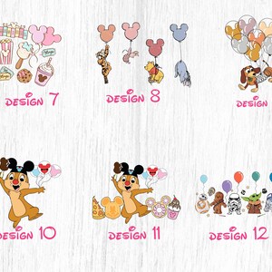 May include: A digital design sheet with 12 different designs featuring cartoon characters, including Mickey Mouse, Chip and Dale, and characters from Star Wars. The designs are labeled with numbers 7 through 12.