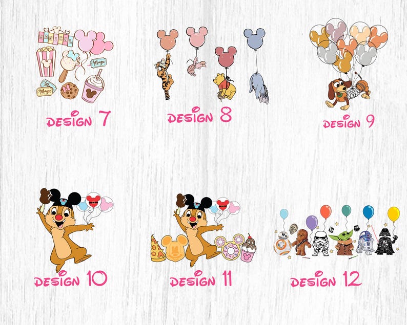May include: A digital design sheet with 12 different designs featuring cartoon characters, including Mickey Mouse, Chip and Dale, and characters from Star Wars. The designs are labeled with numbers 7 through 12.