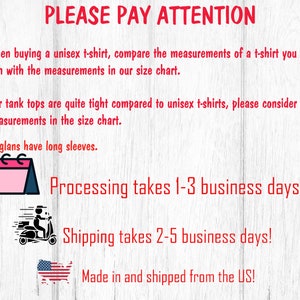 May include: Red text on a white background with a star graphic. The text reads "PLEASE PAY ATTENTION" and includes information about processing and shipping times. The text also states that the products are made and shipped from the US.