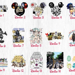 May include: A collage of 15 different Star Wars designs. The designs feature characters like Mickey Mouse, Yoda, and Darth Vader. The designs are perfect for creating t-shirts, mugs, and other merchandise.