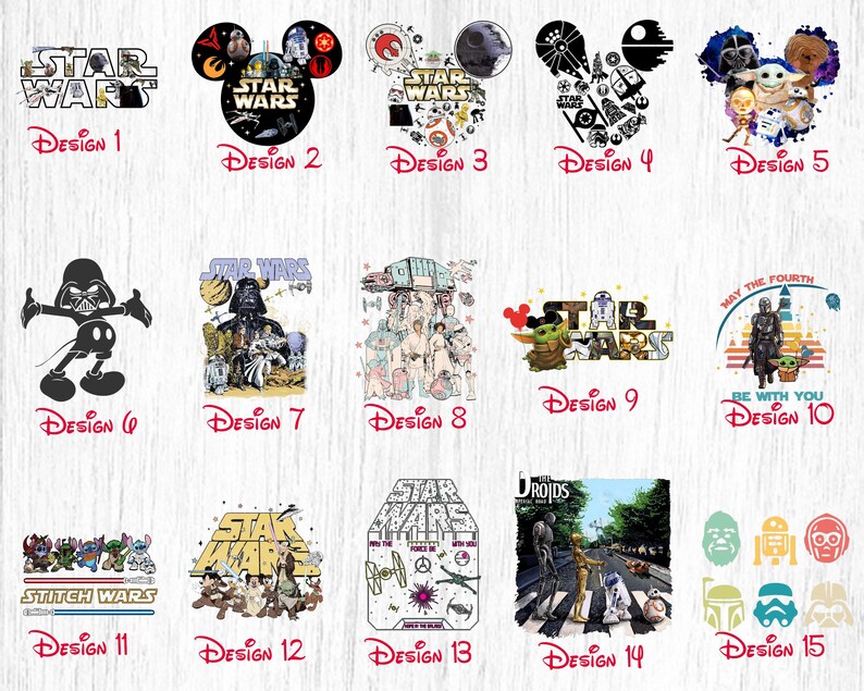 May include: A collage of 15 different Star Wars designs. The designs feature characters like Mickey Mouse, Yoda, and Darth Vader. The designs are perfect for creating t-shirts, mugs, and other merchandise.