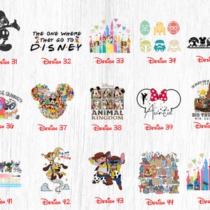 May include: A collage of 15 different Disney-themed designs, featuring characters such as Mickey Mouse, Stitch, and Darth Vader. The designs are arranged in a grid format with the text 'Design' and a number below each image.