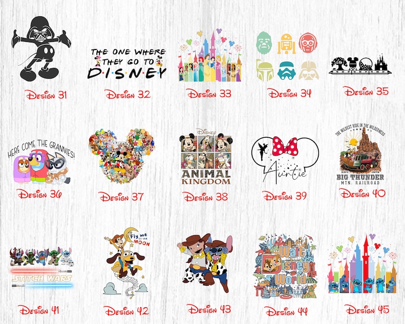 May include: A collage of 15 different Disney-themed designs, featuring characters such as Mickey Mouse, Stitch, and Darth Vader. The designs are arranged in a grid format with the text 'Design' and a number below each image.