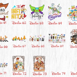 May include: A collection of 15 different designs featuring characters from popular Disney and Pixar movies, including Toy Story, Star Wars, and The Mandalorian. The designs are printed on a white background and feature a variety of colors, including red, blue, green, yellow, and black.