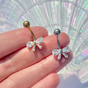 Coquette Bow Dangle Belly Bar: Rhinestone Surgical Steel Navel Ring Piercing 1.6mm 8mm