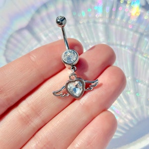 Silver Cupid Heart Belly Bar , Stainless Steel Dangle Piercing , Diamond Rhinestone Body Jewellery , Belly Ring Navel Gift Idea 1.6mm 8mm