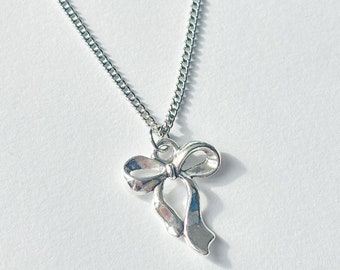 Stainless Steel Bow Necklace: Coquette Ribbon Pendant, 16" Chain
