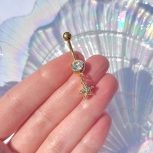 Gold Starfish Belly Bar , Stainless Steel Dangle Piercing , Diamond Rhinestone Body Jewellery , Belly Ring Navel Gift Idea 1.6mm 10mm Beach