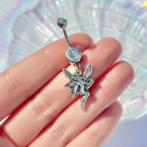 Silver Fairy Belly Ring: Stainless Steel Dangle Navel Piercing 8mm 1.6mm