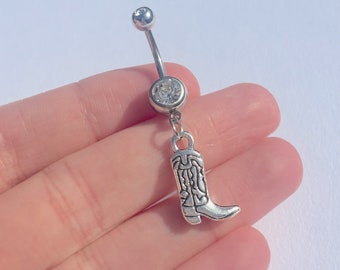 Silver Pendant CowBoy Boot Rhinestone Navel Stainless Surgical Steel Dangle Belly Bar Piercing Rave Festival Crystal Body Jewellery  316L