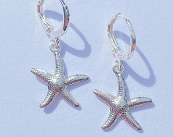 Sterling Silver Huggy Hoop Charm Dangle StarFish Earrings Minimalist Beach Style Piercing Jewellery Gift Idea Friend Girlfriend Sister
