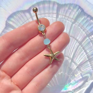 Gold Blue Starfish Belly Bar , Stainless Steel Dangle Piercing , Diamond Body Jewellery , Belly Ring Navel Gift Idea 1.6mm 10mm Beach