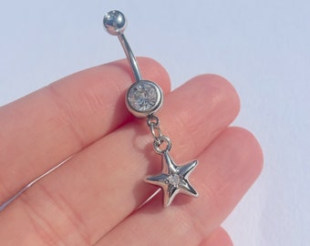 Silver Pendant Star Rhinestone Navel Stainless Surgical Steel Dangle Belly Bar Piercing Rave Festival Crystal Body Jewellery Gift Idea 316L