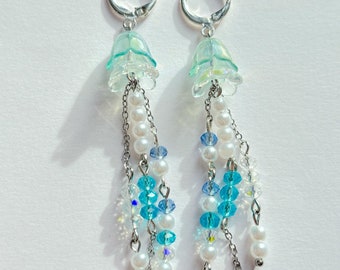Sterling Silver Jellyfish Earrings: Beaded Huggie Hoop, Beach Jewelry