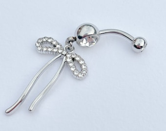 Silver Coquette Pendant Bow Rhinestone Navel Stainless Surgical Steel Dangle Belly Bar Piercing Crystal Body Jewellery Gift Idea 1.6mm