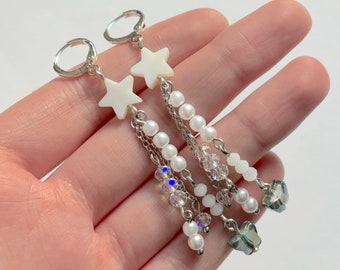 Sterling Silver Huggy Hoop Charm Dangle Shell Star Chain Earrings Minimalist Alternative Style Piercing Jewellery Gift Idea Friend