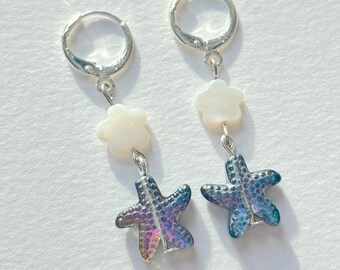 Sterling Silver Huggy Hoop Charm Dangle StarFish Shell Earrings Minimalist Beach Style Piercing Jewellery Gift Idea Friend Girlfriend Sister