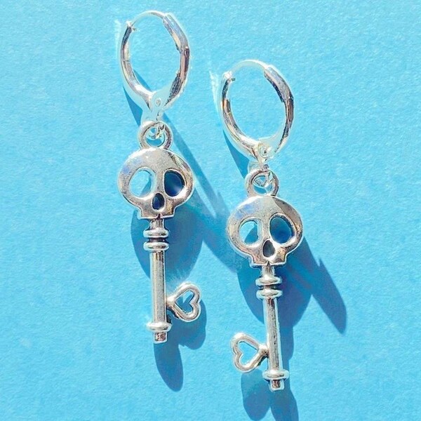 Sterling Silver Huggy Hoop Charm Dangle Skeleton Key Earrings Minimalist Piercing Jewellery Gift Idea Friend Girlfriend Sister