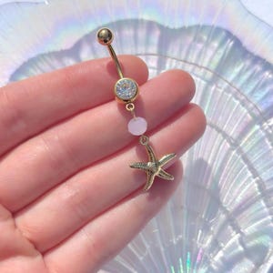 Gold Pink Starfish Belly Bar , Stainless Steel Dangle Piercing , Diamond Body Jewellery , Belly Ring Navel Gift Idea 1.6mm 10mm Beach