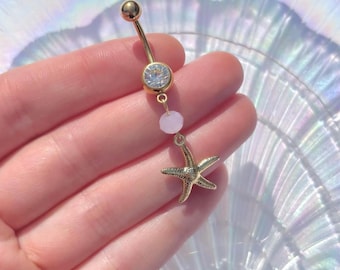 Gold Starfish Belly Bar: Pink Bead Dangle Navel Ring Piercing 1.6mm 10mm Beach Ocean