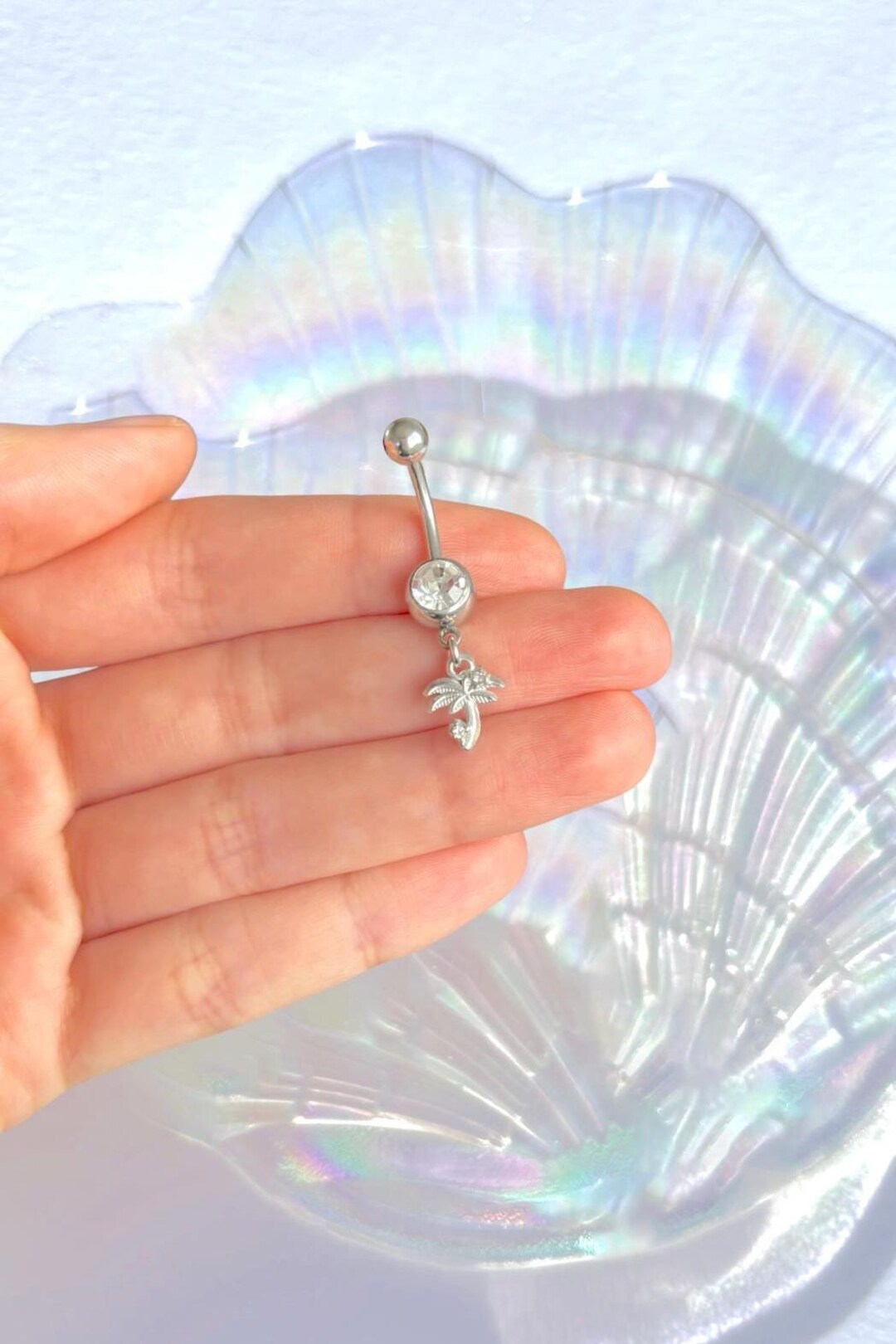 Silver Palm Tree Belly Ring: Rhinestone Dangle Navel Ring Piercing 1 ...