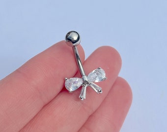 Silver Pendant Coquette Bow Ribbon Rhinestone Navel Stainless Surgical Steel Dangle Belly Bar Piercing Rave Body Jewellery Gift Idea 1.6mm