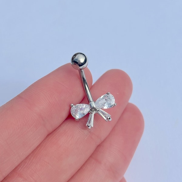 Silver Pendant Coquette Bow Ribbon Rhinestone Navel Stainless Surgical Steel Dangle Belly Bar Piercing Rave Body Jewellery Gift Idea 1.6mm