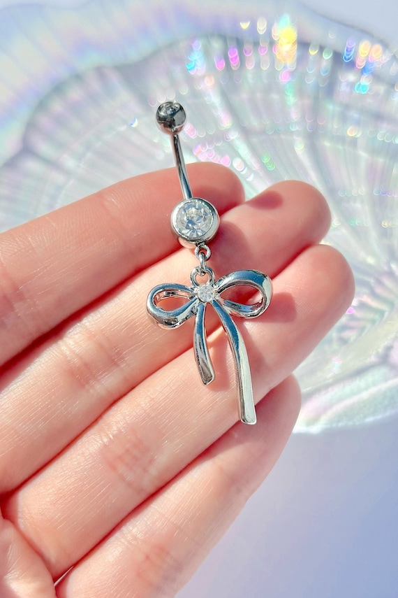 Silver Bow Belly Bar Stainless Steel Dangle Piercing Diamond Rhinestone Body Jewellery Belly Ring Navel Gift Idea 1.6mm 8mm Coquette Etsy UK