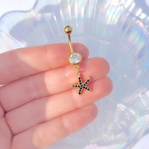 Gold Starfish Belly Bar , Stainless Steel Dangle Piercing , Diamond Rhinestone Body Jewellery , Belly Ring Navel Gift Idea 1.6mm 10mm Beach