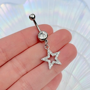 Silver Pendant Y2K Star Rhinestone Navel Stainless Surgical Steel Dangle Belly Bar Piercing Rave Festival Crystal Body Jewellery Gift Idea