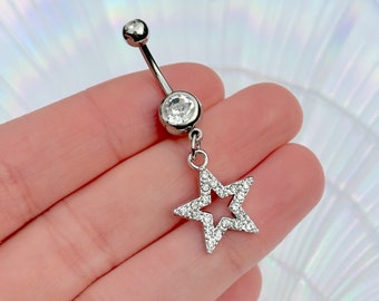 Silver Pendant Y2K Star Rhinestone Navel Stainless Surgical Steel Dangle Belly Bar Piercing Rave Festival Crystal Body Jewellery Gift Idea