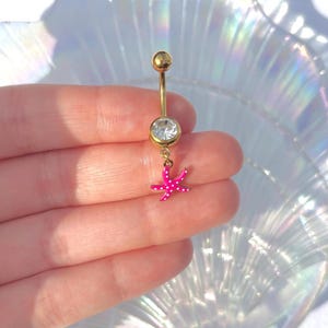 Gold Starfish Belly Bar , Stainless Steel Dangle Piercing , Diamond Rhinestone Body Jewellery , Belly Ring Navel Gift Idea 1.6mm 10mm Beach