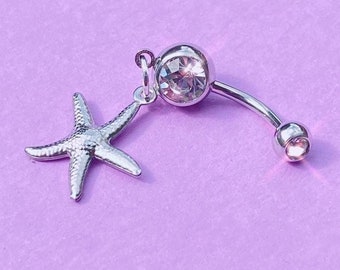 Silver Pendant Starfish Rhinestone Navel Stainless Surgical Steel Dangle Belly Bar Piercing Rave Festival Body Jewellery Gift Idea 1.6mm