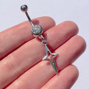 Silver Pendant Star Rhinestone Navel Stainless Surgical Steel Dangle Belly Bar Piercing Rave Festival Crystal Body Jewellery Gift Idea 316L