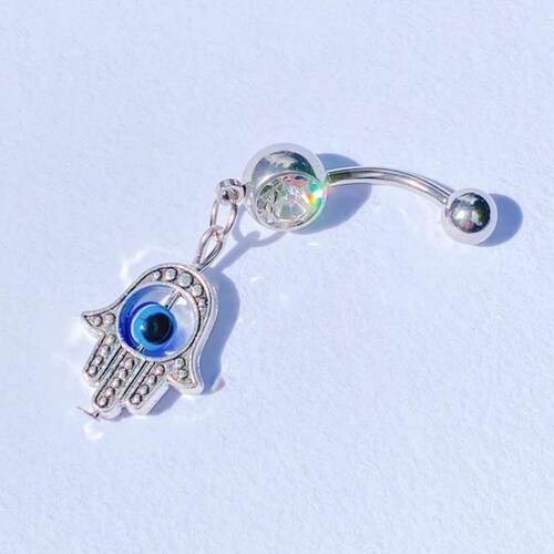 Silver Pendant Evil Eye Rhinestone Navel Stainless Surgical Steel Dangle Belly Bar Piercing Rave Festival Crystal Body Jewellery Gift Idea