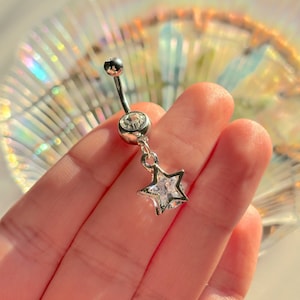 Silver Pendant Star Rhinestone Navel Stainless Surgical Steel Dangle Belly Bar Piercing Rave Festival Crystal Body Jewellery Gift Idea 316L