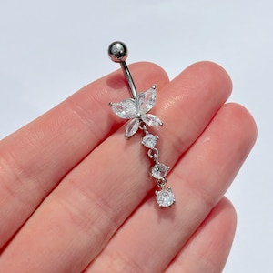 Silver Pendant Butterfly Chain Rhinestone Navel Stainless Surgical Steel Dangle Belly Bar Piercing Rave Crystal Body Jewellery Gift Idea