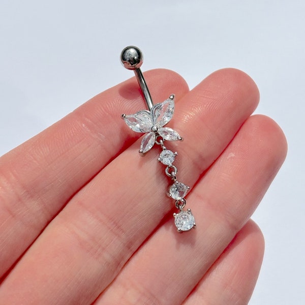 Silver Pendant Butterfly Chain Rhinestone Navel Stainless Surgical Steel Dangle Belly Bar Piercing Rave Crystal Body Jewellery Gift Idea