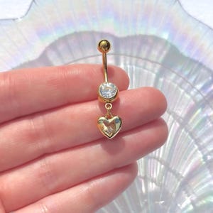 Gold Heart Belly Bar , Stainless Steel Dangle Piercing , Diamond Rhinestone Body Jewellery , Belly Ring Navel Gift Idea 1.6mm 8mm