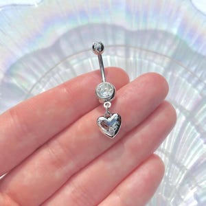 Silver Heart Belly Bar , Stainless Steel Dangle Piercing , Diamond Rhinestone Body Jewellery , Belly Ring Navel Gift Idea 1.6mm 8mm