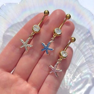 Gold Starfish Belly Bar , Stainless Steel Dangle Piercing , Diamond Rhinestone Body Jewellery , Belly Ring Navel Gift Idea 1.6mm 8mm Beach